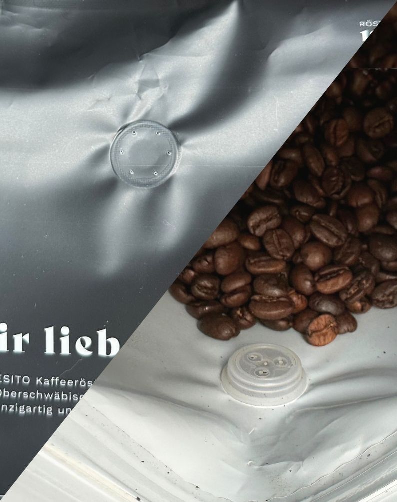 Ansichten vom Aromaventil der Kaffeeverpackung der Rösterei Cafesito von innen und von außen