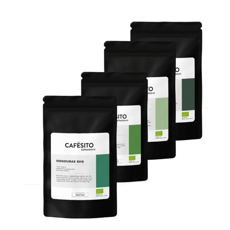 Vier Packungen Cafésito Bio Kaffee – Honduras SHG, Indonesia Sumatra, Peru Pacha Mama und Fairkaffee – als Bio Kaffee Probierset aus der Kaffeerösterei im Allgäu
