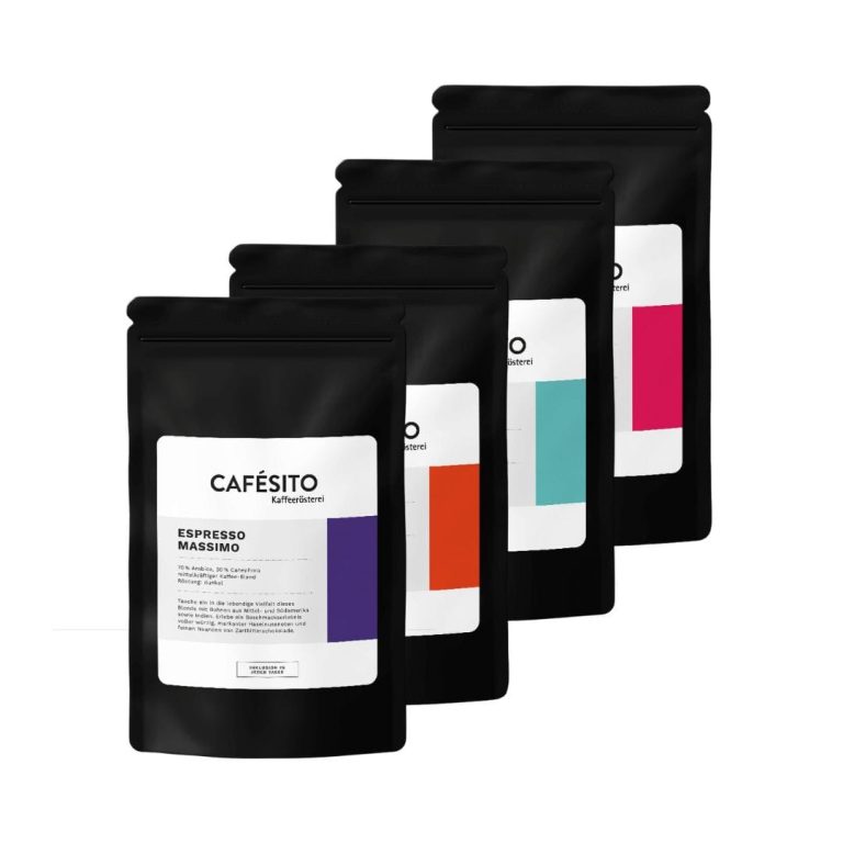 Vier Packungen Cafésito Espressobohnen – Schümli, Kaffee Crema, Espresso Massimo und Espresso Cremissimo – als Probierpaket für Vollautomaten, jetzt kaufen bei Cafésito