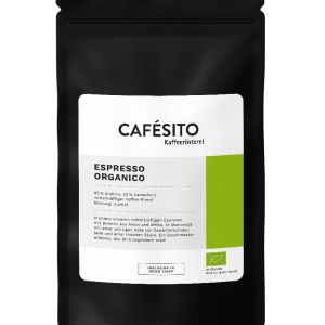 Mock-up: Bio Espresso Bohnen des Cafésito Espresso Organico in schwarzer Aromapackung mit Bio-Siegel.