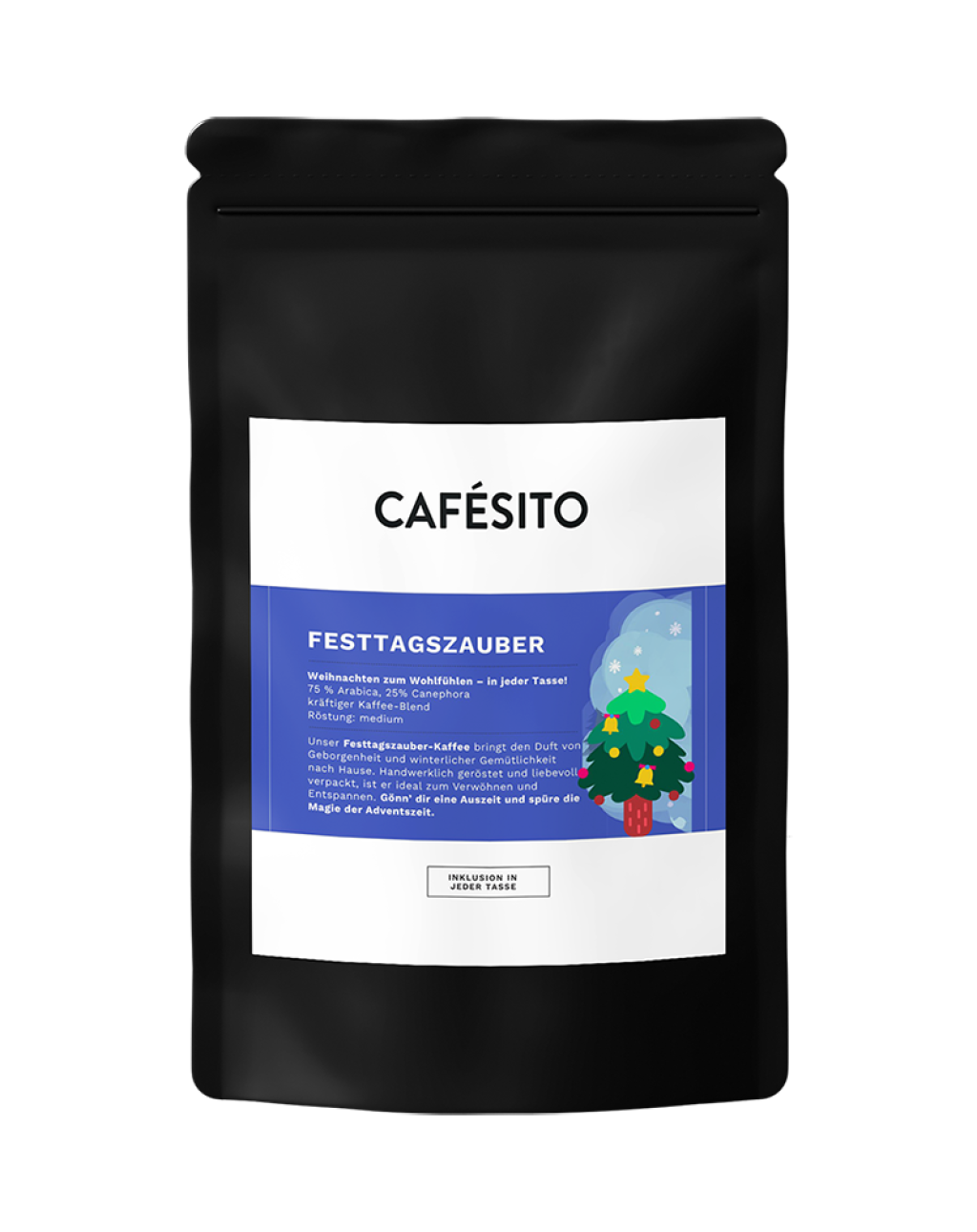 Mockup Verpackung mit weihnachtlichem Etikett Festtagszauber Kaffeeboohnen mit winterlichen Aromen. Der perfekte Kaffee als Weihnachtsgeschenk.